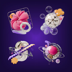 Fototapete - 3d Realistic Detailed Abstract Geometric Composition with Creative Flying Shape Set Rendered Illustration for Web and App Design