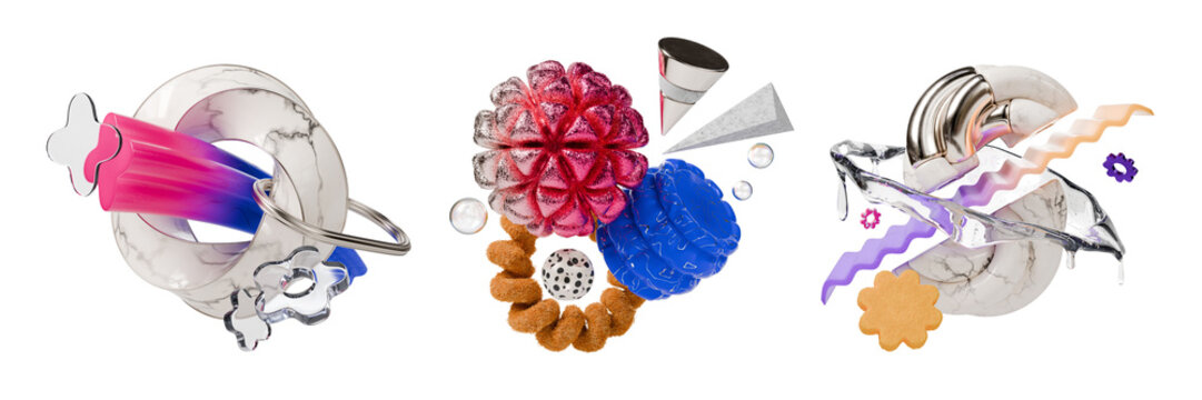 3d Realistic Detailed Abstract Geometric Composition with Plastic, Metal and Marble Figure Set Rendered Illustration Isolated