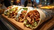 © BONDET LUCKY - Delicious chicken gyros are displayed on a wooden board ready to be eaten at any time quickly.