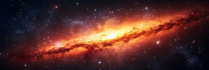 Wall Mural - A vibrant orange and yellow galaxy stretching across a starry dark space background in the universe