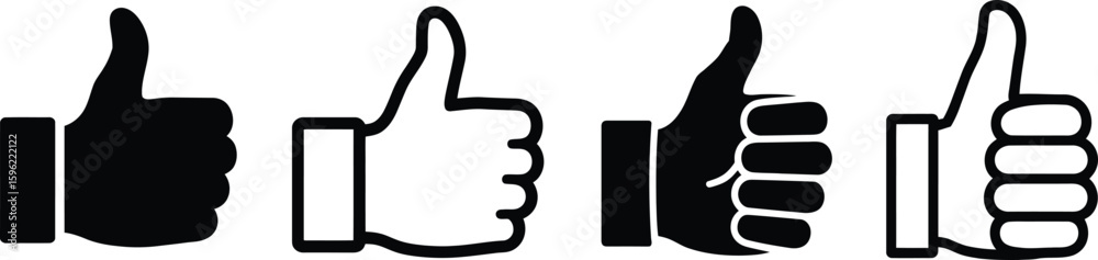 Vector Set of Thumbs Up Icons in Black and White with Outline and Solid ...
