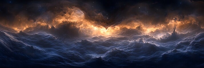 Wall Mural - A dramatic sky filled with dark blue clouds and a bright orange glow at the horizon line of the image