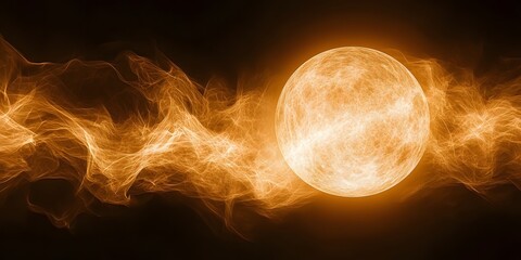 Wall Mural - Glowing planet with orange nebula surrounding it in a dark space background creating a cosmic scene