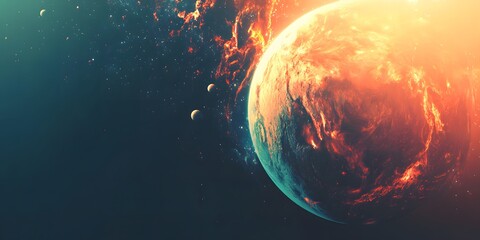 Wall Mural - A planet with an orange glow and three moons in a dark space filled with stars and nebula clouds