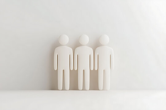 Three all-white figures stand against a white wall, symbolizing unity, teamwork, or a group. Minimalist concept with bright, neutral tones.