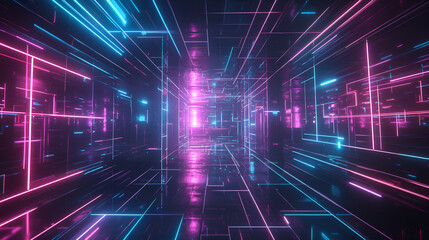 Poster - 3D demonstration of blue and purple futuristic sci-fi techno lights, 3D abstract background with neon lights. neon tunnel.space construction. 3d illustration