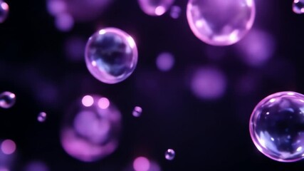Poster - Purple bubbles float, shimmer, and reflect light against a dark background, creating an ethereal and dreamy atmosphere, symbolizing fragility, ephemerality, and the beauty of fleeting moments