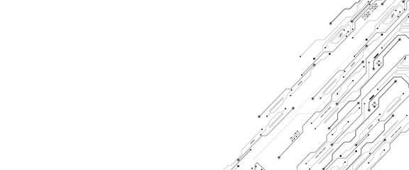 Fototapete - Vector Technology connected white lines and dots with electronics elements on tech bg. Digital technology futuristic internet network speed connection white background.