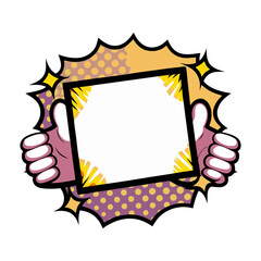 Poster - Hands holding a text frame against an explosion, isolated vector image in comic book style, pop art on transparent background  