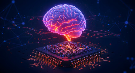 Poster - A glowing brain above a microchip with circuit board connections in a dark blue background space