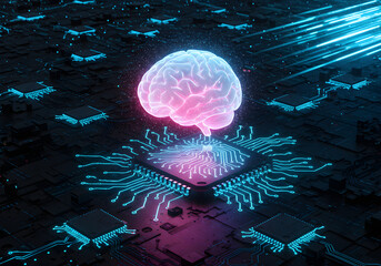 Poster - Artificial intelligence concept with glowing brain and computer chips on a dark background design