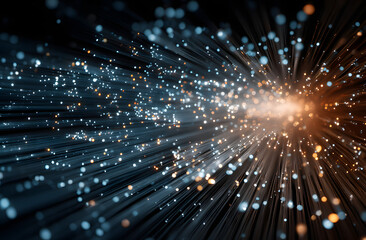 Poster - Modern abstract high-speed data transmission tech concept. Blue fiber optic cables, warm glowing lights. Futuristic tunnel vision, datum transmission, high speed technology, abstract communication,