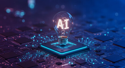 Aufkleber - Illuminated ai light bulb on a circuit board with glowing blue lights and dark background design concept