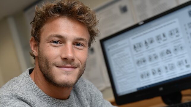Young man smiles while working at a computer in a modern office environment