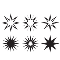 Aufkleber - A collection of six starburst shapes in black and white with varying designs and levels of detail