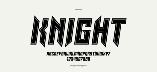 Fototapete - Sharp and bold gothic font for logo creation of for headlines, edgy geometric modern vector typeface, heavy metal and hard rock style alphabet with numbers, italic version.