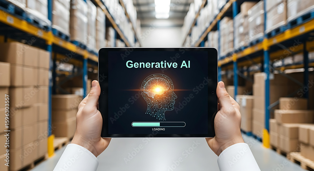 ภาพถ่าย Stock Generative AI Loading in a Warehouse Setting person holds ...