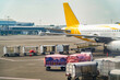 © Pernandi Imanuddin - Airplane being serviced on the tarmac. Ground crew attending to baggage, cargo containers, and other tasks for efficient turnaround. Focused on logistical aviation operations.