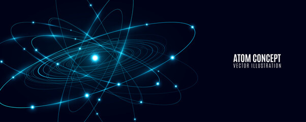 Poster - Futuristic glowing atom featuring blue elliptical rings circling a radiant central core on black background. Atomic structure backdrop for scientific research presentation or website. Vector.