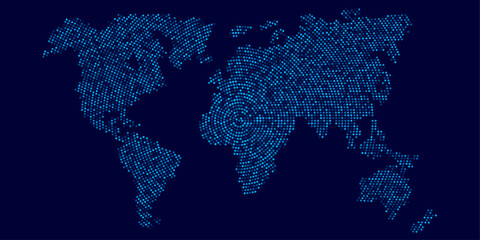 Poster - Digital dotted world map on dark blue background. Halftone circle pattern forming global continents for data, network, innovation, and futuristic design. Vector illustration.