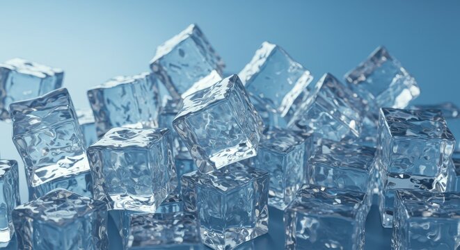 Pile of Ice Cubes on Blue Background Cooling Refreshment