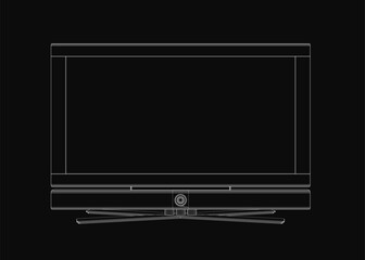 Fototapete - Flat screen television line drawing on black background features clear screen dimensions and wireframe structure. The monoblock design resembles a computer monitor with sleek modern aesthetics.