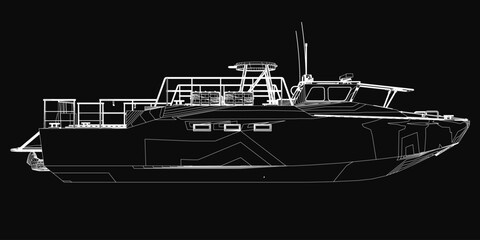 Poster - A detailed black and white military boat contour drawing stands out against a stark black background. The hull, deck, and intricate features are meticulously rendered.
