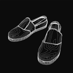 Fototapete - Black and white sketched shoes with clean contour lines stand out against a dark background. The minimalist design highlights precise details and sharp contrasts.