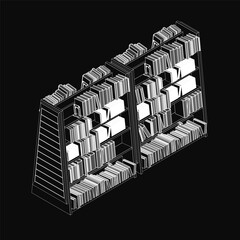 Poster - A black and white wireframe illustration of a bookcase with neatly arranged shelves filled with books. The clean lines and monochrome style emphasize organization and simplicity. Perfect for library.