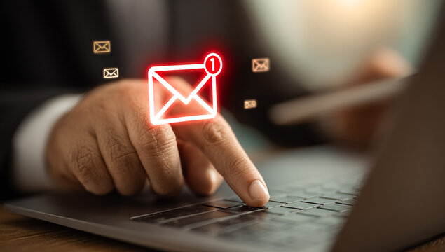 Man checks email notifications on laptop. Concept of digital communication, using technology. For marketing, web design.