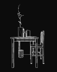 Poster - A black and white contour drawing depicts a workplace desk with a chair and potted plant. The desk holds a laptop, flower vase, and scattered objects against a dark mysterious background.
