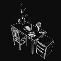 Poster - a dimly lit workplace features a laptop on a wooden desk surrounded by books, scattered papers, and 