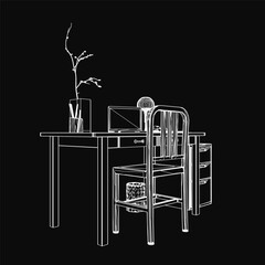 Poster - A black and white contour illustration of a workplace desk with a monitor, pen stand, and potted plant. The dark background creates a mysterious atmosphere.