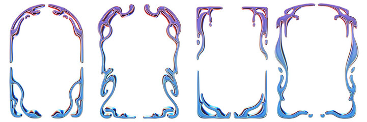 3D chrome frame set, liquid futuristic metal border, gothic organic empty banner y2k aesthetic kit. Melted silver shapes, neon holographic droplet symmetric ornament, cosmic fluid metal. Chrome frame