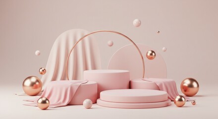 Poster - Display Stands with Sphere Accents and Cloth Drapery in Pastel Pink
