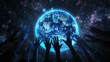 Wall Mural - an aweinspiring and captivating visual of hands stretching and reaching out for a vibrant earth amid