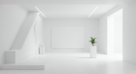 Poster - Minimalist White Room Interior with Plant and Blank Canvas