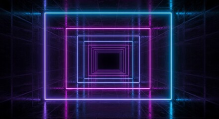 Aufkleber - Abstract Neon Tunnel with Pink and Blue Glowing Square Frames