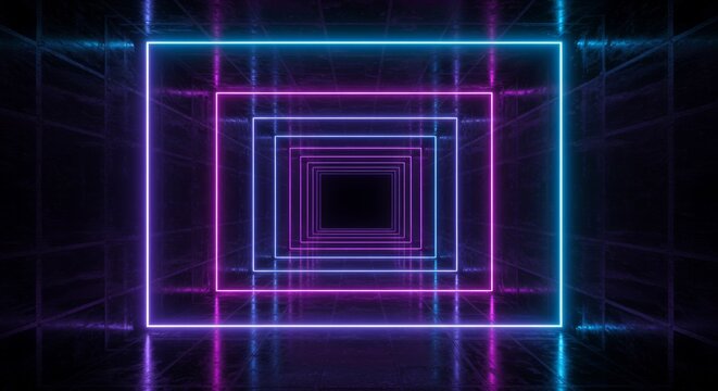 Abstract Neon Tunnel with Pink and Blue Glowing Square Frames