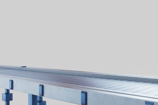 3D rendering of an empty conveyor belt in a warehouse or factory setting, symbolizing production flow, logistics readiness, or halted operations