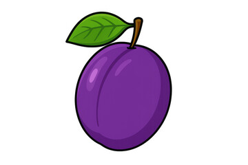 Fototapete - Cheerful purple plum character smiling, symbolizing nutritional benefits, vitamins, antioxidants with bright green leaf on clean background