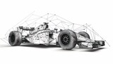 A wireframe illustration of a formula one race car.
