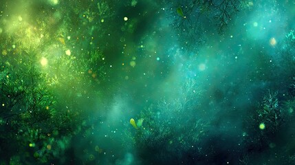 Abstract Green Galaxy Background with Shimmering Particles