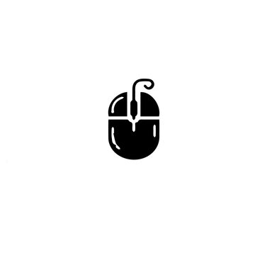 A simple black and white illustration of a computer mouse with a cord icon