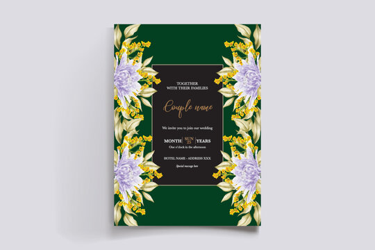 WEDDING INVITATION FRAME WITH FLOWER DECORATIONS AND FRESH LEAVES