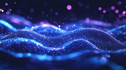 Poster - Abstract Blue Light Waves with Sparkling Particles in Dark Background