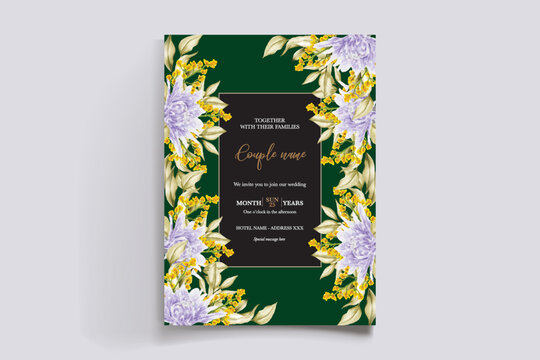 WEDDING INVITATION FRAME WITH FLOWER DECORATIONS AND FRESH LEAVES