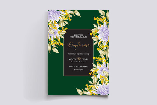 WEDDING INVITATION FRAME WITH FLOWER DECORATIONS AND FRESH LEAVES