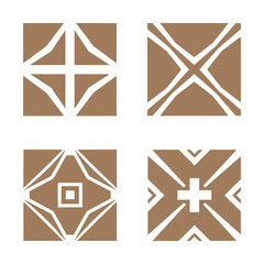 Poster - Brown Geometric Tile Pattern Set. Abstract Square Designs with Lines, Cross, and Shapes Vector Illustration.