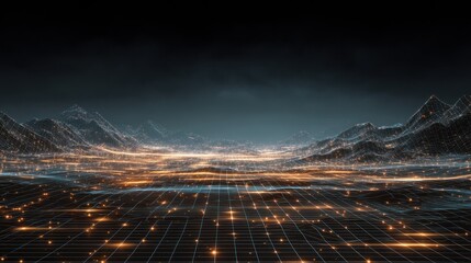 Poster - abstract futuristic digital landscape with mountains and city lights